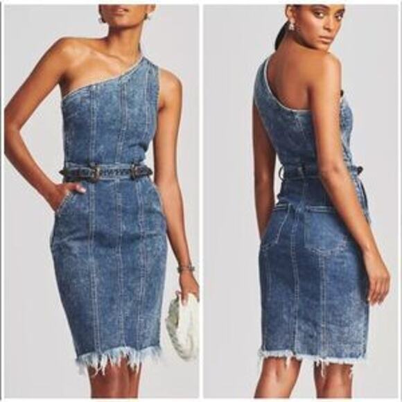 Retrofete Giorgio Denim Jean Dress Sheath One Shoulder Belted Raw Hem Small - Picture 1 of 6